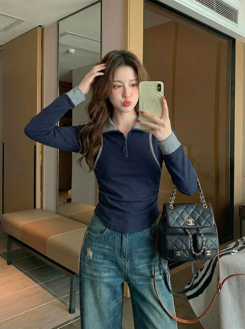 1 1 모달 260 그램 긴팔 티셔츠 여성 의류 봄 가을 새로운 페이크 레이어드 지퍼 POLO 칼라 기본 셔츠 상세 이미지 7