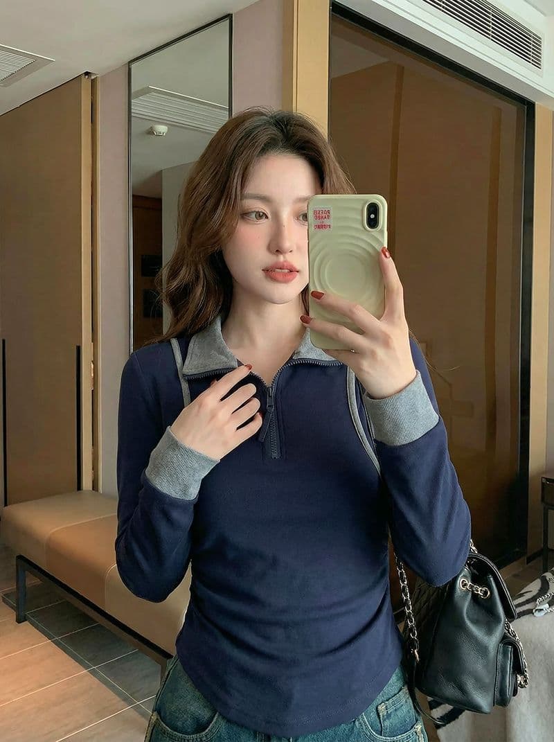 1 1 모달 260 그램 긴팔 티셔츠 여성 의류 봄 가을 새로운 페이크 레이어드 지퍼 POLO 칼라 기본 셔츠 상세 이미지 8
