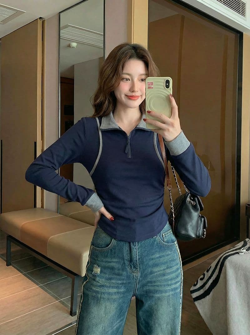 1 1 모달 260 그램 긴팔 티셔츠 여성 의류 봄 가을 새로운 페이크 레이어드 지퍼 POLO 칼라 기본 셔츠 상세 이미지 11