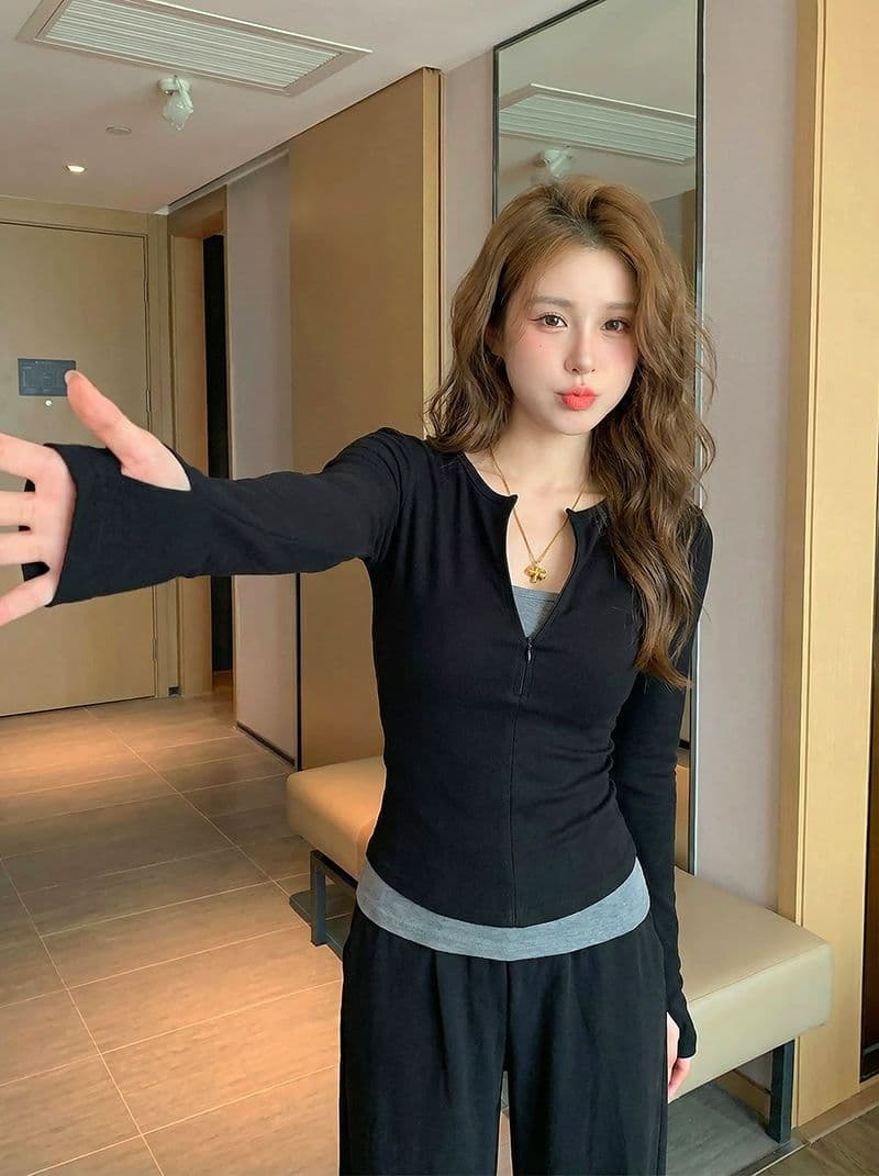 220 그램 부티크 양모 긴팔 티셔츠 기본 셔츠 얇은 배색 페이크 레이어드 몸매 가꾸기 세트 손가락 맨위 이미지 4