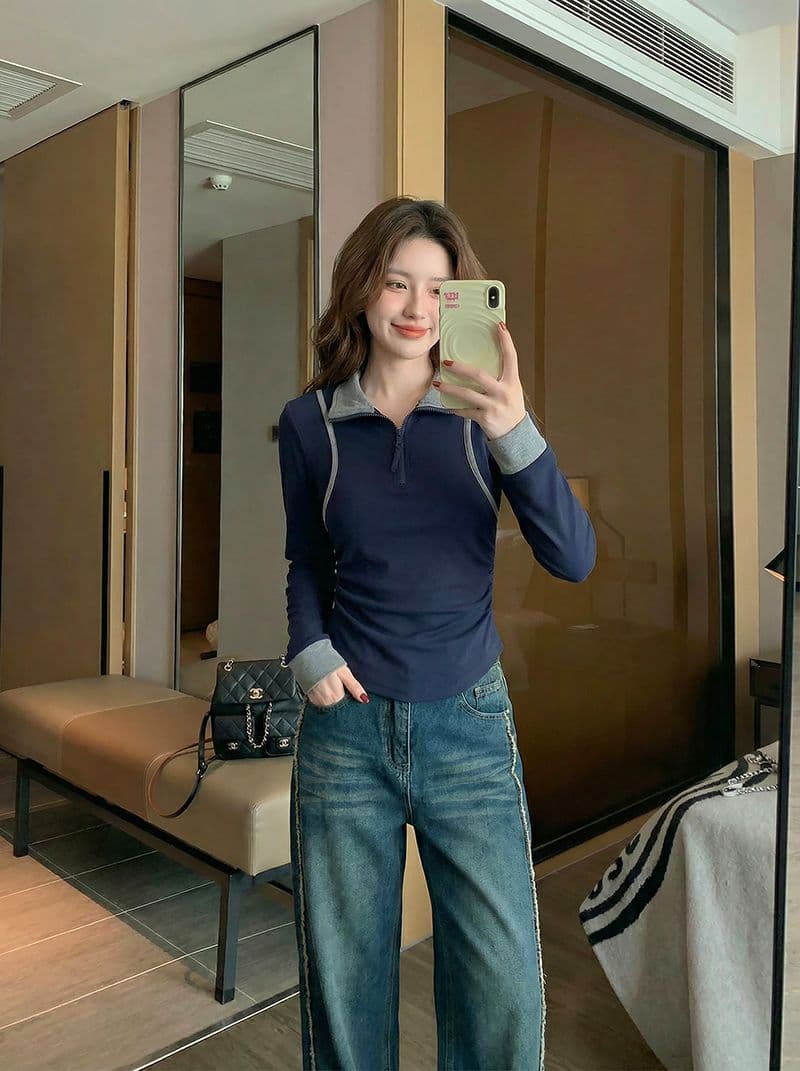 1 1 모달 260 그램 긴팔 티셔츠 여성 의류 봄 가을 새로운 페이크 레이어드 지퍼 POLO 칼라 기본 셔츠 상세 이미지 13