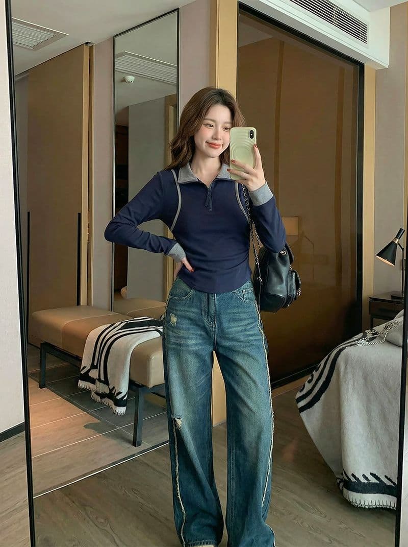 1 1 모달 260 그램 긴팔 티셔츠 여성 의류 봄 가을 새로운 페이크 레이어드 지퍼 POLO 칼라 기본 셔츠 상세 이미지 15