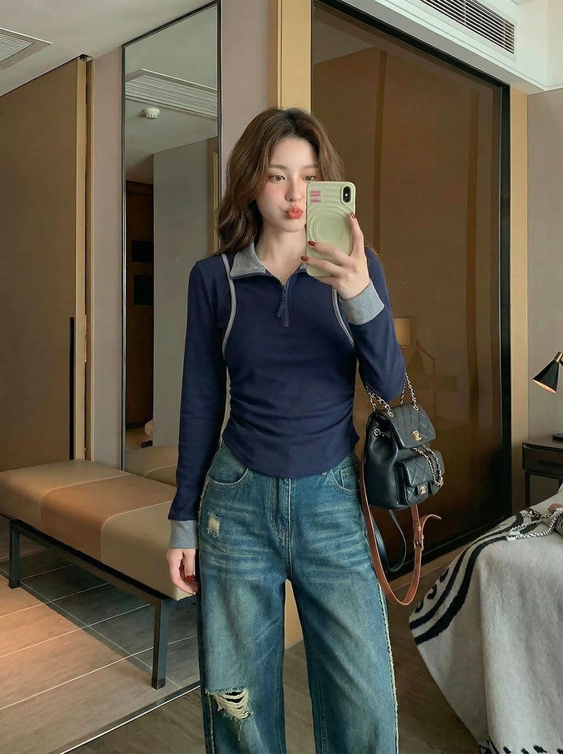 1 1 모달 260 그램 긴팔 티셔츠 여성 의류 봄 가을 새로운 페이크 레이어드 지퍼 POLO 칼라 기본 셔츠 상세 이미지 16