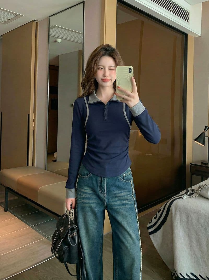 1 1 모달 260 그램 긴팔 티셔츠 여성 의류 봄 가을 새로운 페이크 레이어드 지퍼 POLO 칼라 기본 셔츠 상세 이미지 17