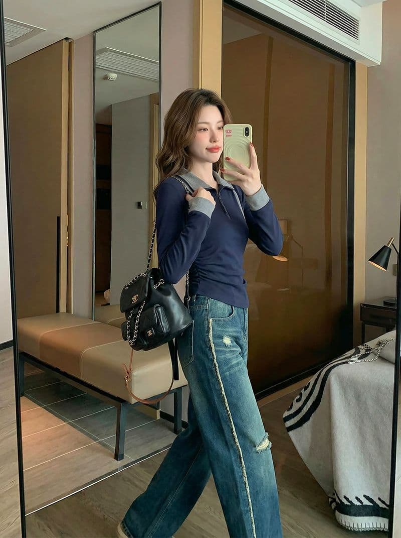 1 1 모달 260 그램 긴팔 티셔츠 여성 의류 봄 가을 새로운 페이크 레이어드 지퍼 POLO 칼라 기본 셔츠 상세 이미지 19