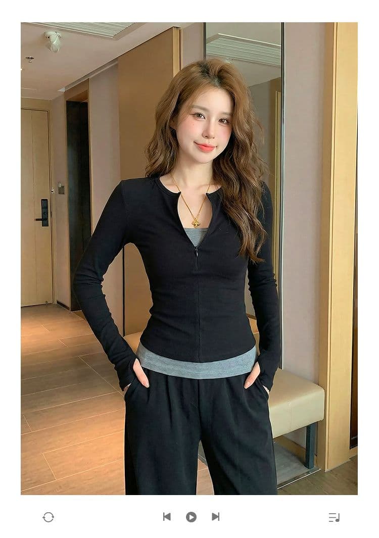 220 그램 부티크 양모 긴팔 티셔츠 기본 셔츠 얇은 배색 페이크 레이어드 몸매 가꾸기 세트 손가락 맨위 상세 이미지 1