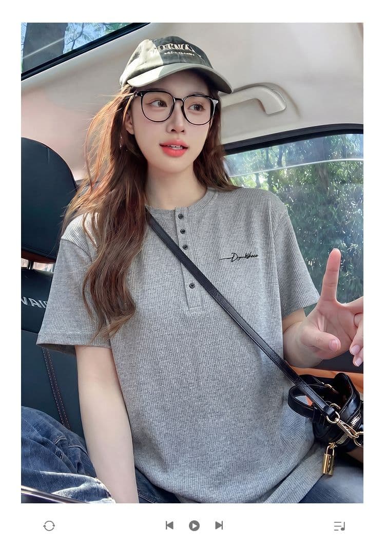 260 그램 원본 자카드 반팔 티셔츠 남녀 커플룩 여름 새로운 루즈핏 헨리 칼라 맨위 상세 이미지 1