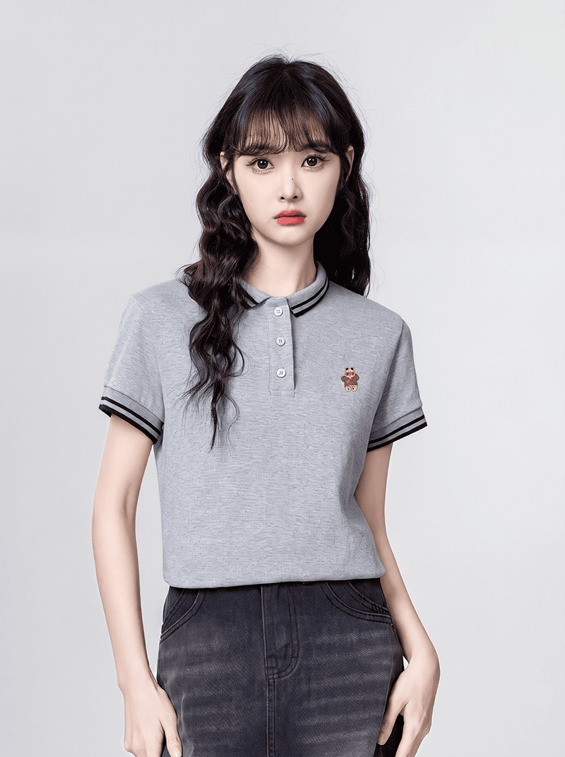 220 그램 물 부드러운 면 반팔 티셔츠 여성 의류 여름 새로운 디자인 센스 자수 스트라이프 POLO 칼라 맨위 이미지 3