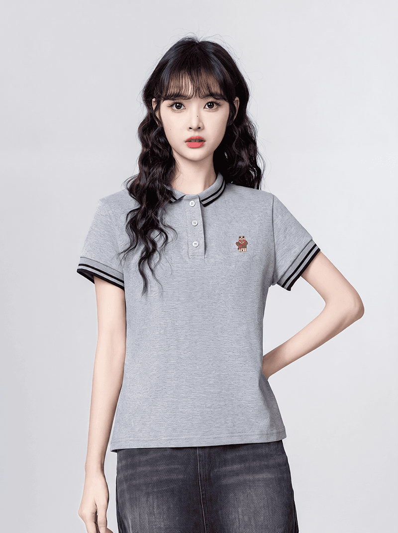 220 그램 물 부드러운 면 반팔 티셔츠 여성 의류 여름 새로운 디자인 센스 자수 스트라이프 POLO 칼라 맨위 이미지 4