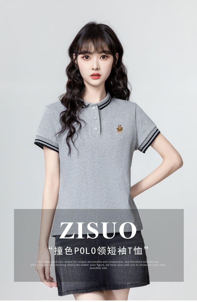 220 그램 물 부드러운 면 반팔 티셔츠 여성 의류 여름 새로운 디자인 센스 자수 스트라이프 POLO 칼라 맨위 상세 이미지 2