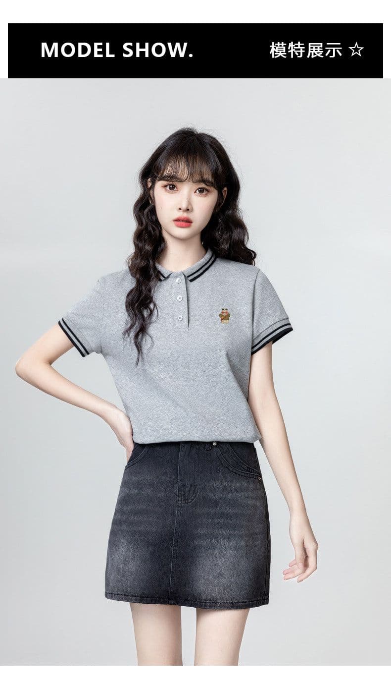 220 그램 물 부드러운 면 반팔 티셔츠 여성 의류 여름 새로운 디자인 센스 자수 스트라이프 POLO 칼라 맨위 상세 이미지 4