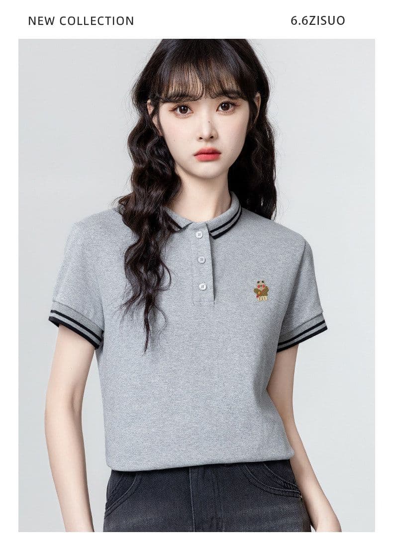 220 그램 물 부드러운 면 반팔 티셔츠 여성 의류 여름 새로운 디자인 센스 자수 스트라이프 POLO 칼라 맨위 상세 이미지 7