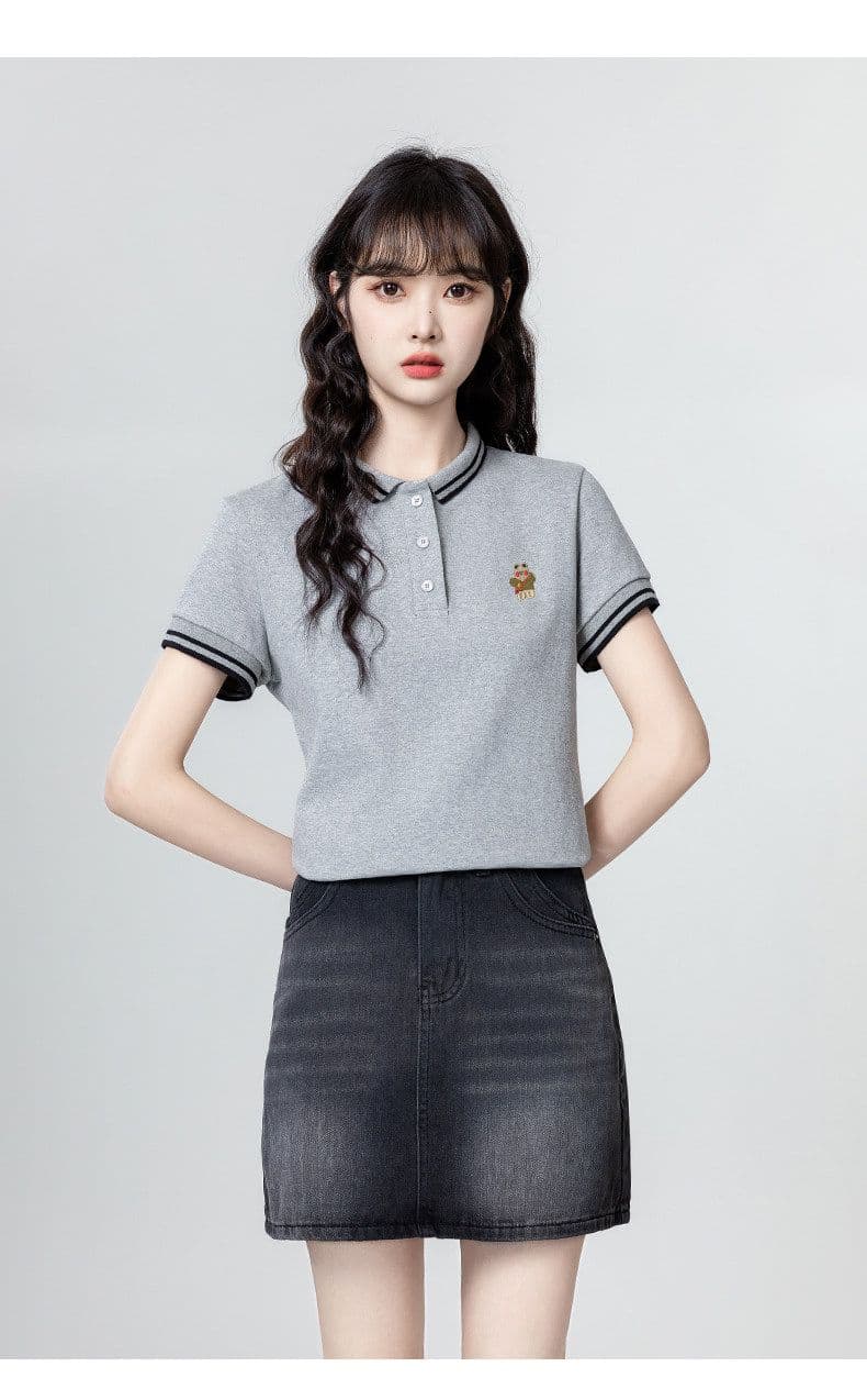 220 그램 물 부드러운 면 반팔 티셔츠 여성 의류 여름 새로운 디자인 센스 자수 스트라이프 POLO 칼라 맨위 상세 이미지 9