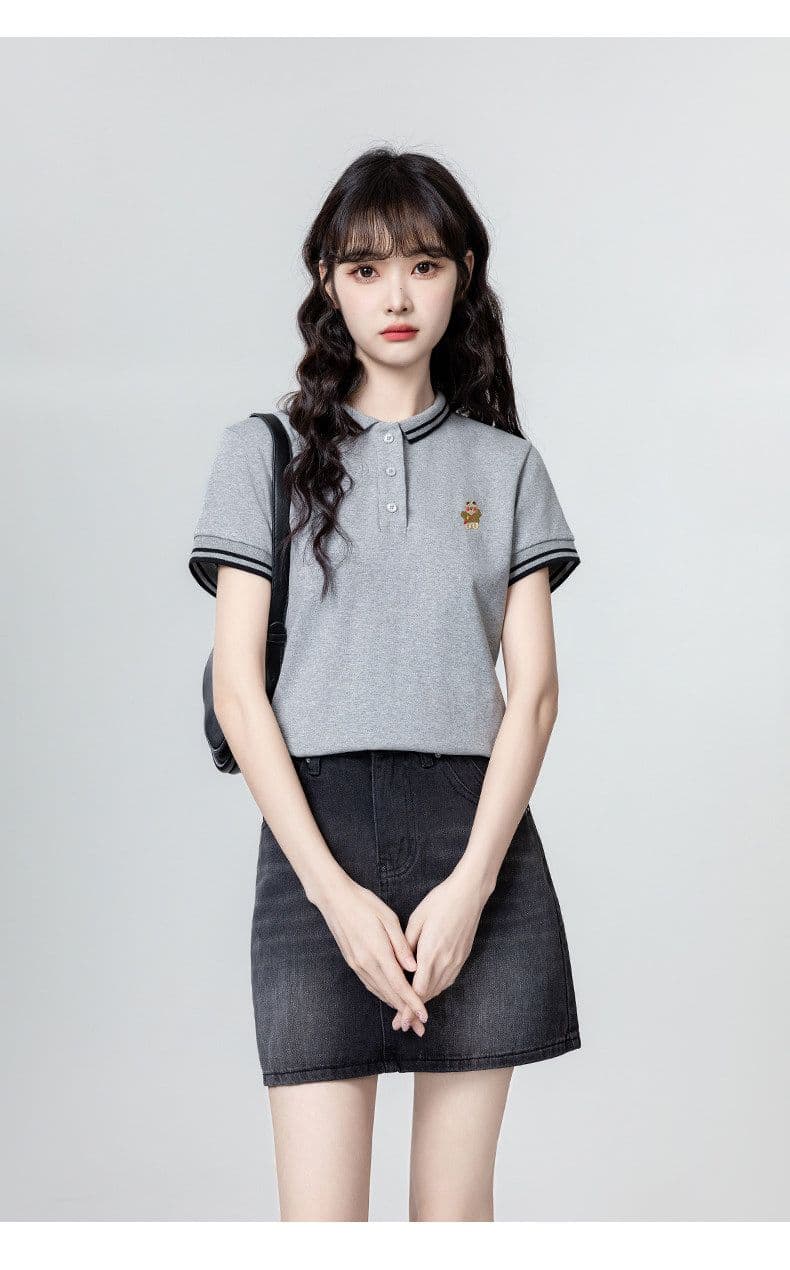 220 그램 물 부드러운 면 반팔 티셔츠 여성 의류 여름 새로운 디자인 센스 자수 스트라이프 POLO 칼라 맨위 상세 이미지 10
