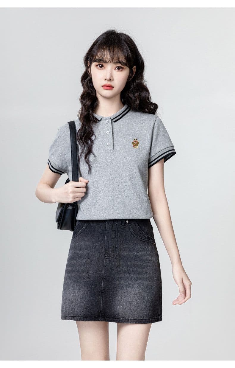 220 그램 물 부드러운 면 반팔 티셔츠 여성 의류 여름 새로운 디자인 센스 자수 스트라이프 POLO 칼라 맨위 상세 이미지 11