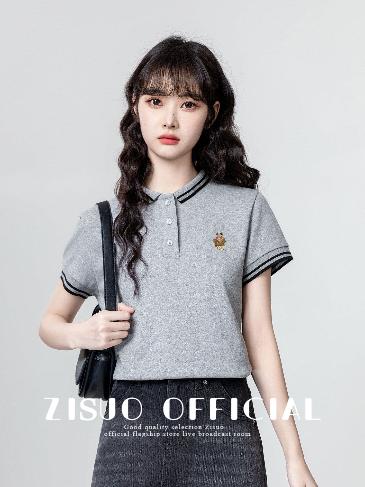 220 그램 물 부드러운 면 반팔 티셔츠 여성 의류 여름 새로운 디자인 센스 자수 스트라이프 POLO 칼라 맨위 상세 이미지 14