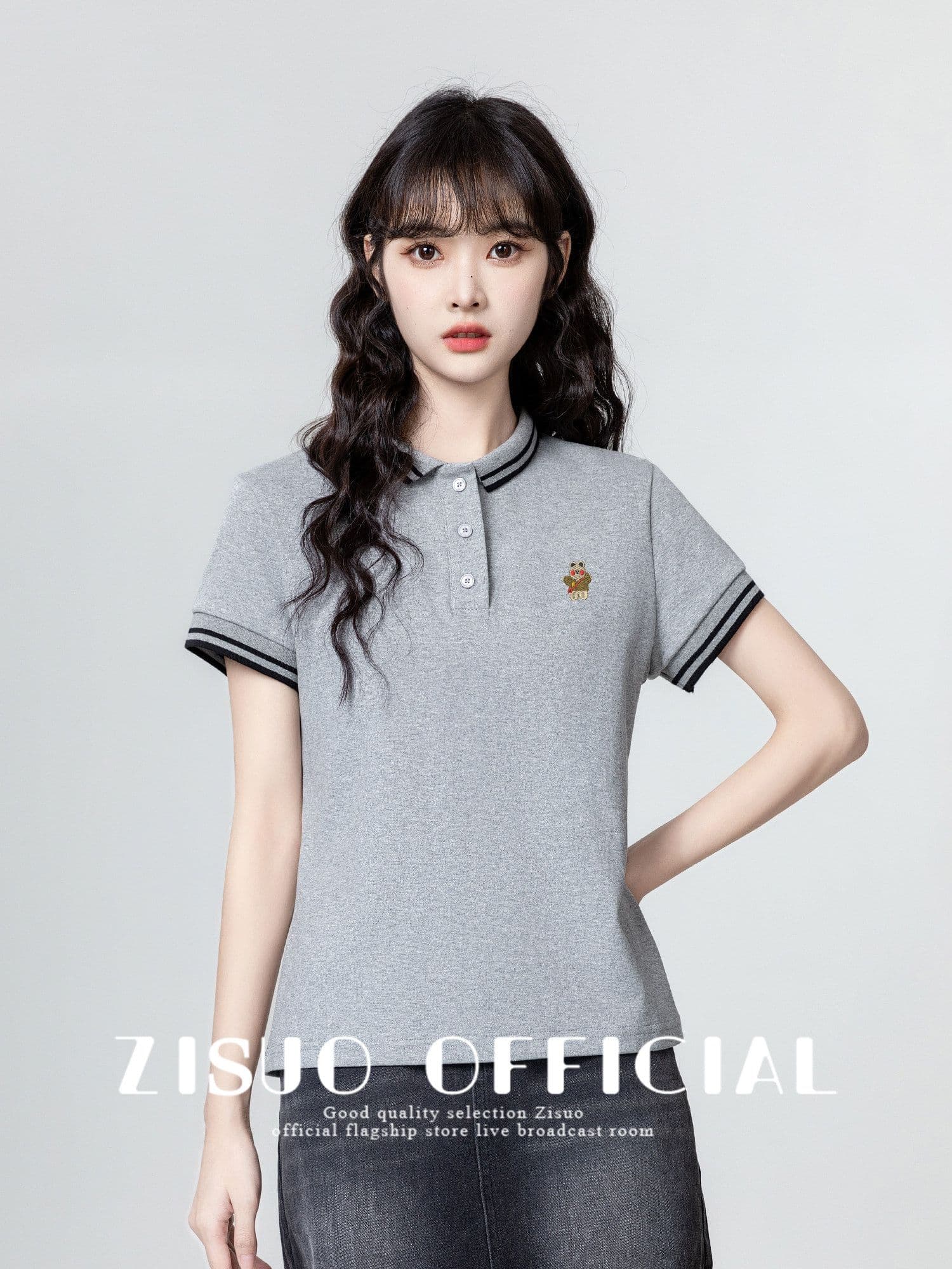 220 그램 물 부드러운 면 반팔 티셔츠 여성 의류 여름 새로운 디자인 센스 자수 스트라이프 POLO 칼라 맨위 상세 이미지 15