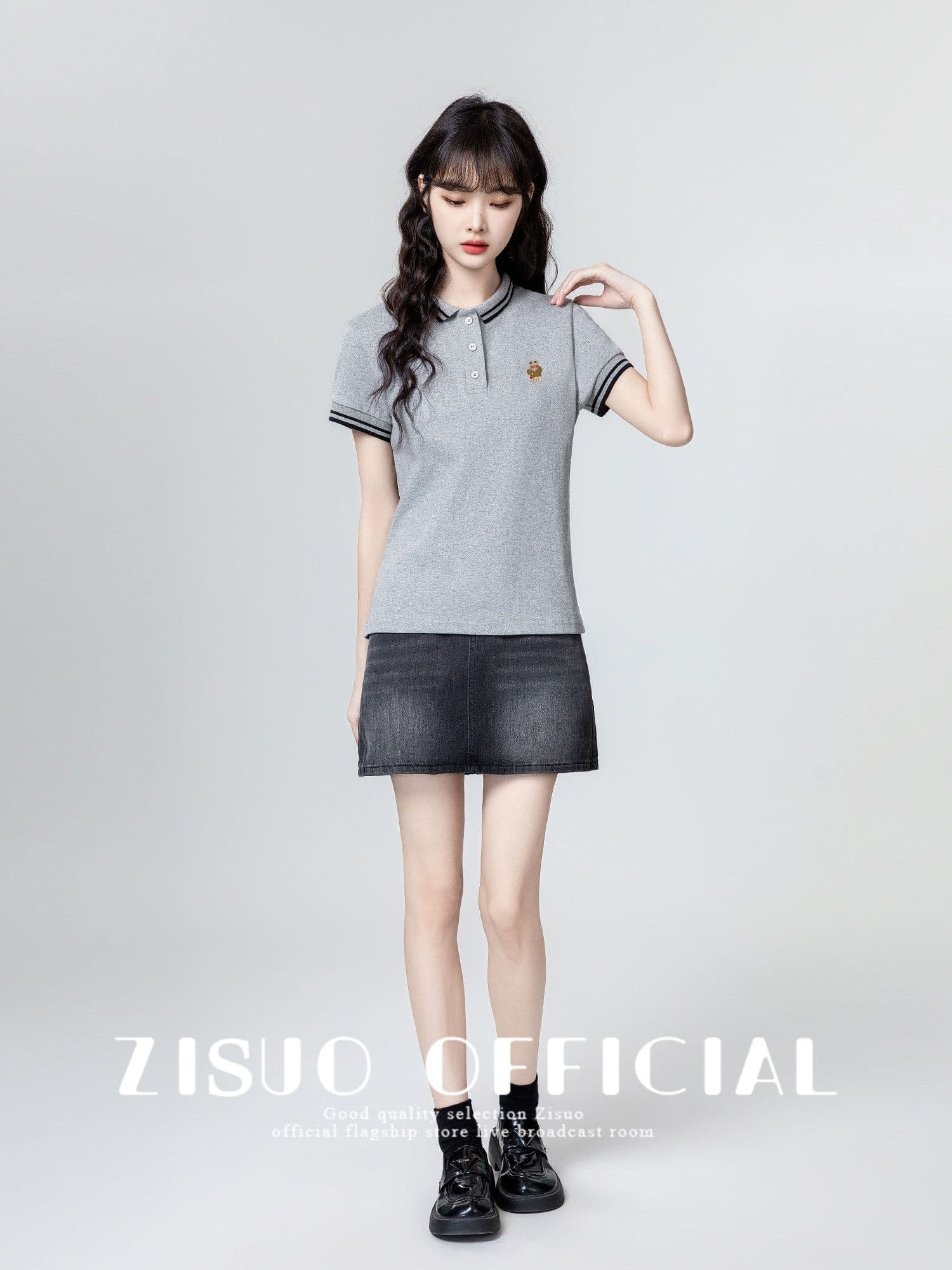 220 그램 물 부드러운 면 반팔 티셔츠 여성 의류 여름 새로운 디자인 센스 자수 스트라이프 POLO 칼라 맨위 상세 이미지 16