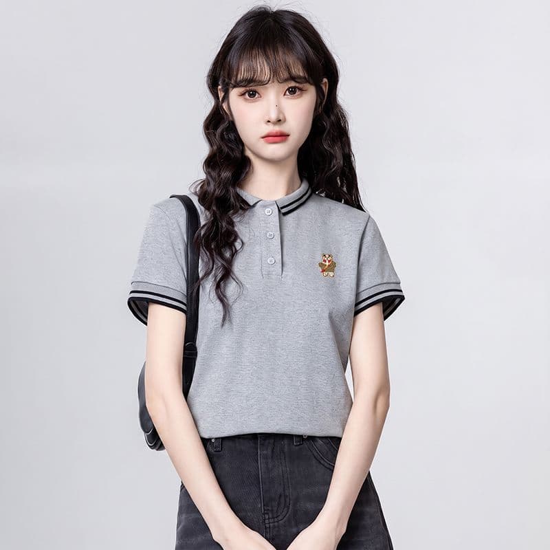 220 그램 물 부드러운 면 반팔 티셔츠 여성 의류 여름 새로운 디자인 센스 자수 스트라이프 POLO 칼라 맨위 상세 이미지 17
