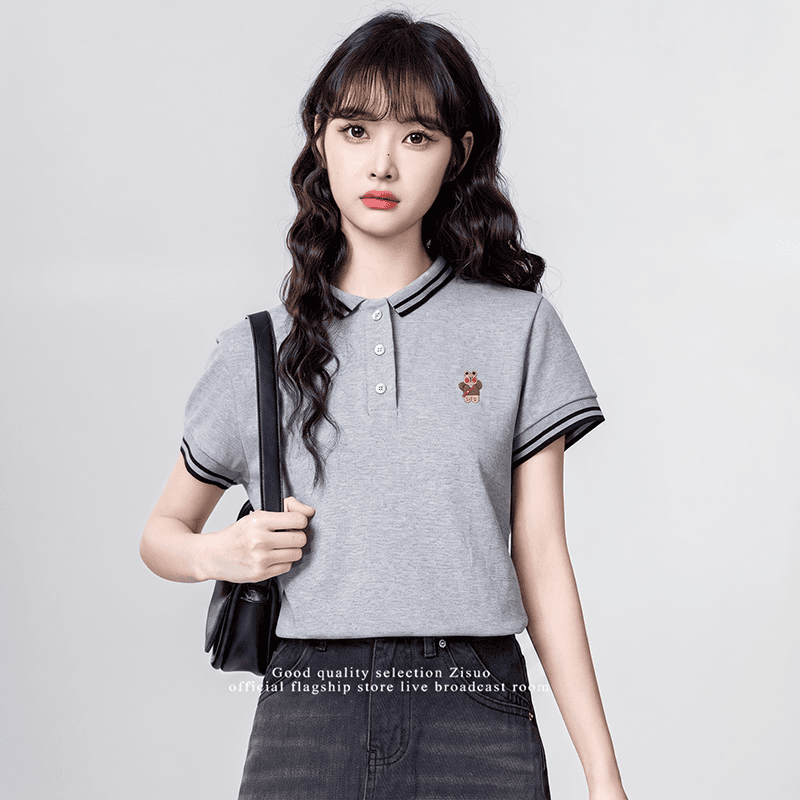 220 그램 물 부드러운 면 반팔 티셔츠 여성 의류 여름 새로운 디자인 센스 자수 스트라이프 POLO 칼라 맨위 상세 이미지 18