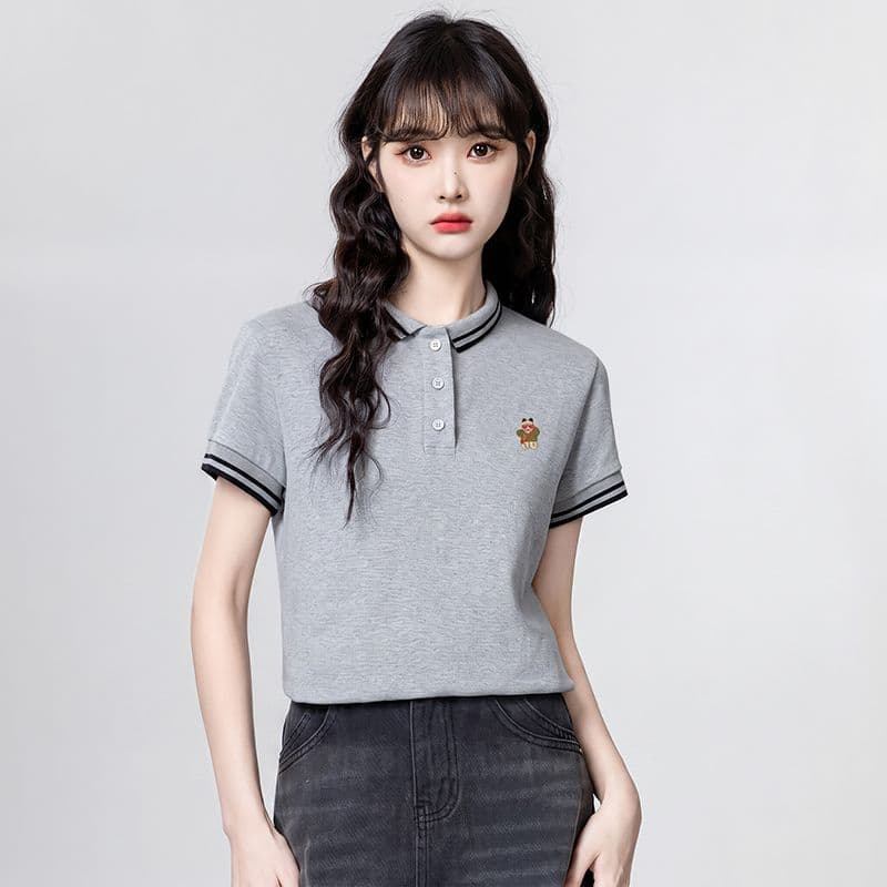 220 그램 물 부드러운 면 반팔 티셔츠 여성 의류 여름 새로운 디자인 센스 자수 스트라이프 POLO 칼라 맨위 상세 이미지 19