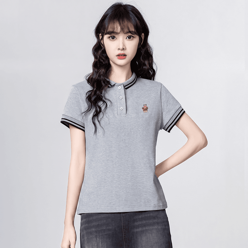 220 그램 물 부드러운 면 반팔 티셔츠 여성 의류 여름 새로운 디자인 센스 자수 스트라이프 POLO 칼라 맨위 상세 이미지 20