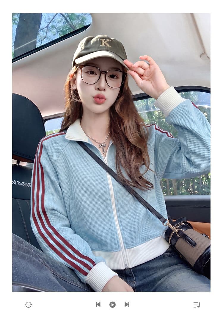 후아 남편 그리드 복합 380 그램 짧은 외투 후드티 여성 봄 가을 스트라이프 지퍼 오픈 가디건 새로운 맨위 상세 이미지 1