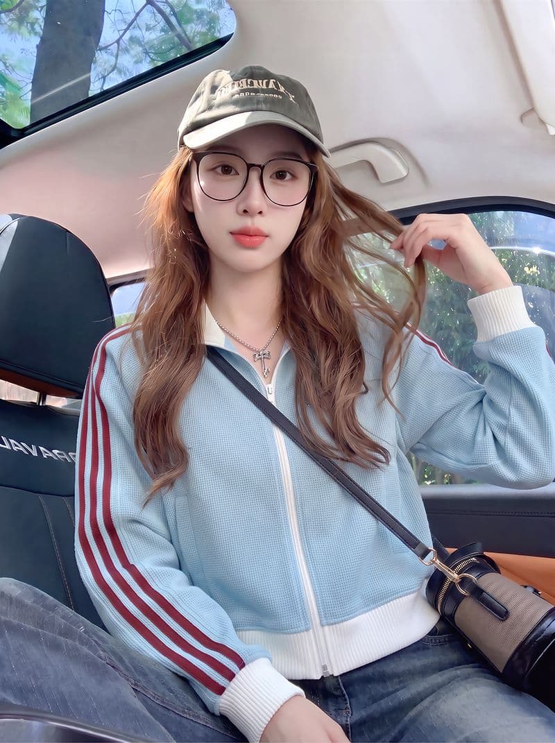 후아 남편 그리드 복합 380 그램 짧은 외투 후드티 여성 봄 가을 스트라이프 지퍼 오픈 가디건 새로운 맨위 상세 이미지 5