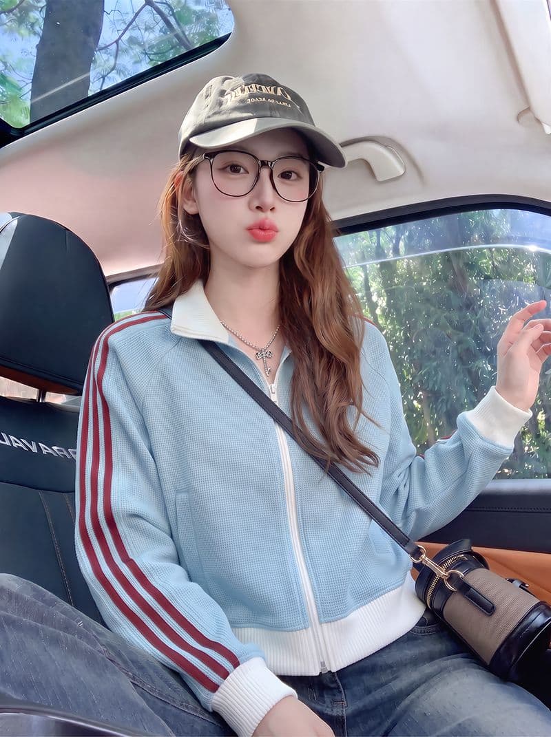 후아 남편 그리드 복합 380 그램 짧은 외투 후드티 여성 봄 가을 스트라이프 지퍼 오픈 가디건 새로운 맨위 상세 이미지 10