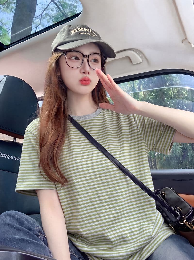 220 그램 스트라이프 반팔 티셔츠 여성 의류 여름 새로운 한 부서 디자인 센스 루즈핏 스트라이프 라운드 넥 맨위 이미지 4