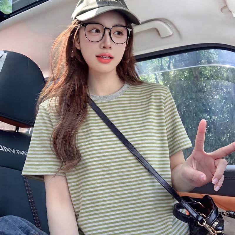 220 그램 스트라이프 반팔 티셔츠 여성 의류 여름 새로운 한 부서 디자인 센스 루즈핏 스트라이프 라운드 넥 맨위 이미지 5