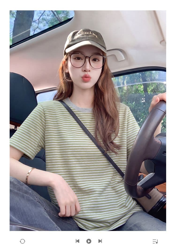 220 그램 스트라이프 반팔 티셔츠 여성 의류 여름 새로운 한 부서 디자인 센스 루즈핏 스트라이프 라운드 넥 맨위 상세 이미지 1