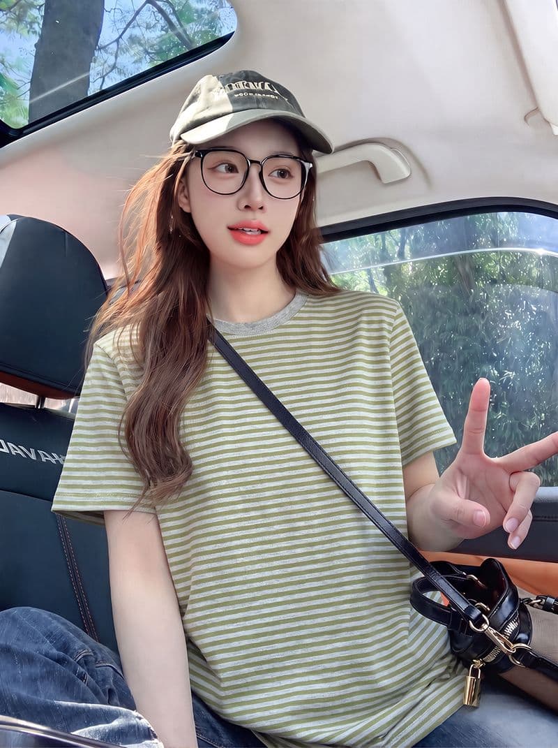 220 그램 스트라이프 반팔 티셔츠 여성 의류 여름 새로운 한 부서 디자인 센스 루즈핏 스트라이프 라운드 넥 맨위 상세 이미지 7
