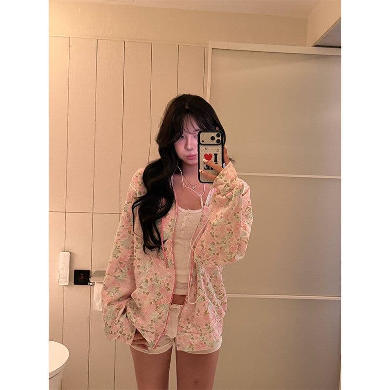 빅 사이즈 여성 의류 200 kg 얇은 스타일 후드티 여성 꽃무늬 루즈핏 봄 가을 지퍼 카디건 코트 맨위 상세 이미지 2
