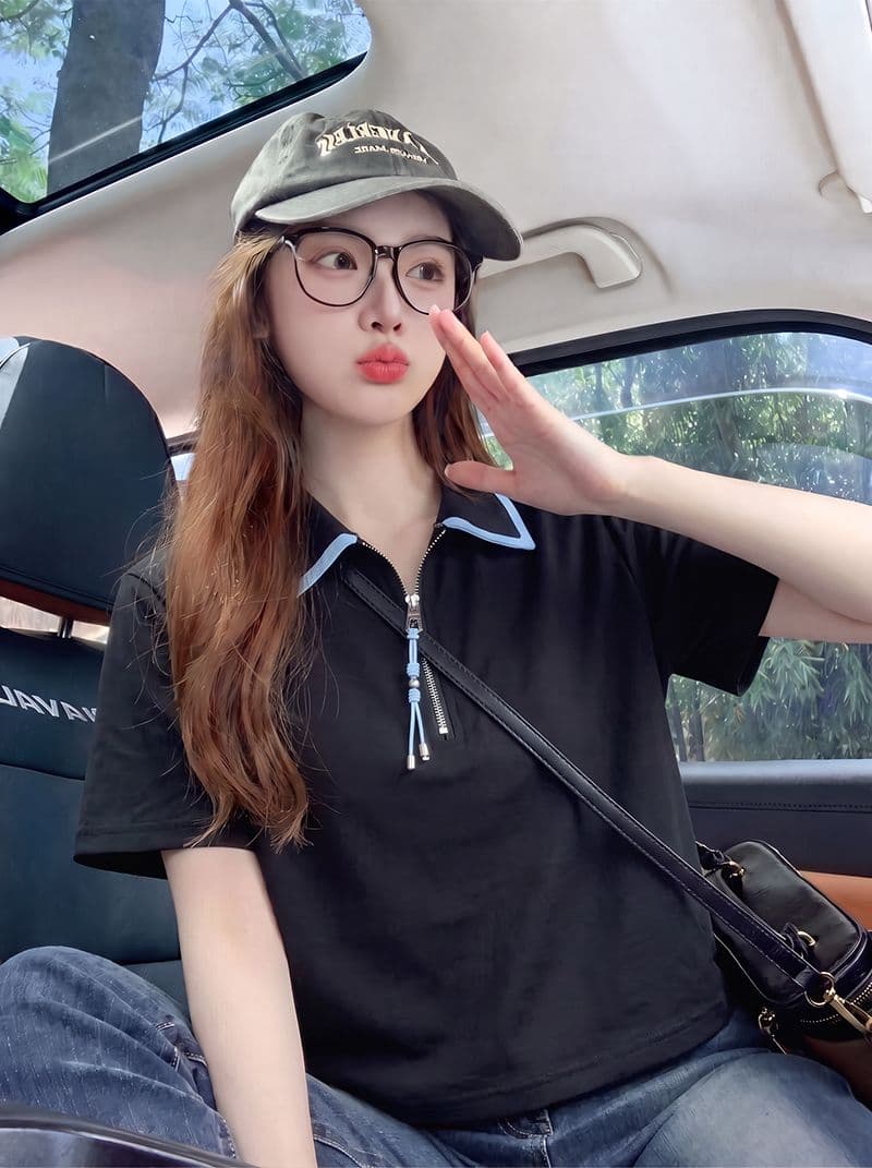 220 그램 물 부드러운 면 반팔 티셔츠 여성 의류 여름 새로운 루즈핏 패치워크 색상 지퍼 POLO 칼라 맨위 이미지 3