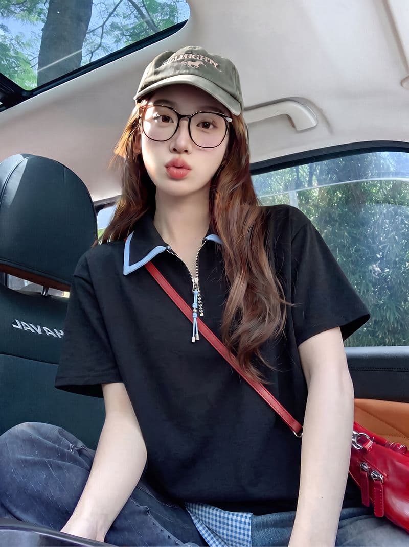 220 그램 물 부드러운 면 반팔 티셔츠 여성 의류 여름 새로운 루즈핏 패치워크 색상 지퍼 POLO 칼라 맨위 이미지 2