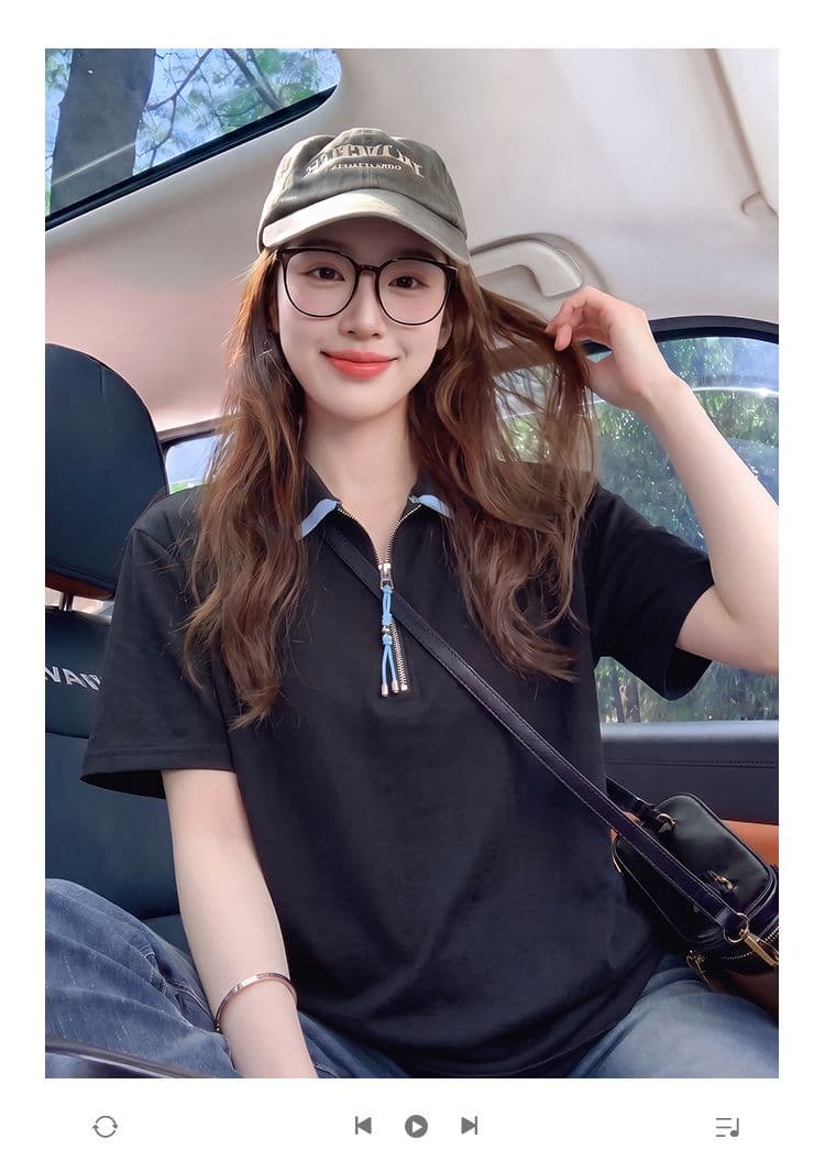 220 그램 물 부드러운 면 반팔 티셔츠 여성 의류 여름 새로운 루즈핏 패치워크 색상 지퍼 POLO 칼라 맨위 상세 이미지 1