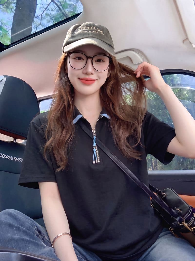 220 그램 물 부드러운 면 반팔 티셔츠 여성 의류 여름 새로운 루즈핏 패치워크 색상 지퍼 POLO 칼라 맨위 상세 이미지 4
