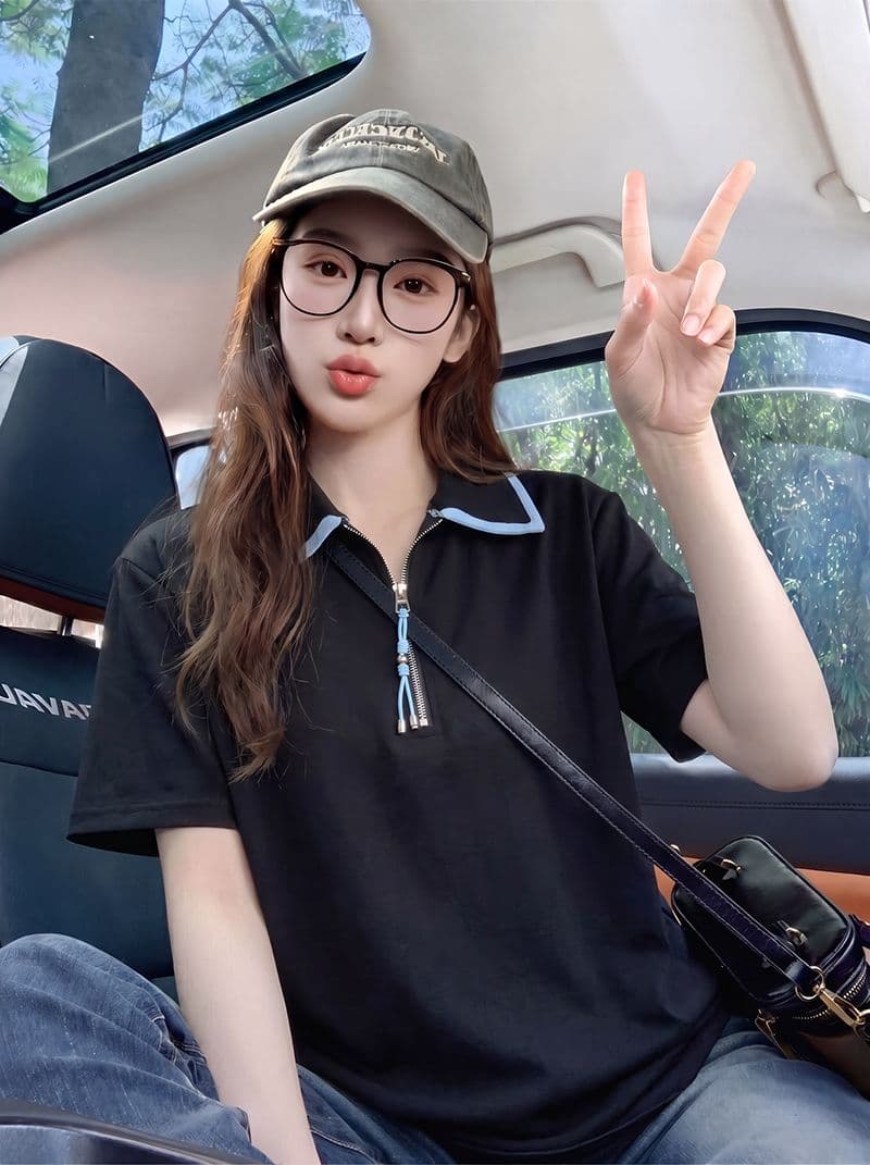 220 그램 물 부드러운 면 반팔 티셔츠 여성 의류 여름 새로운 루즈핏 패치워크 색상 지퍼 POLO 칼라 맨위 상세 이미지 5