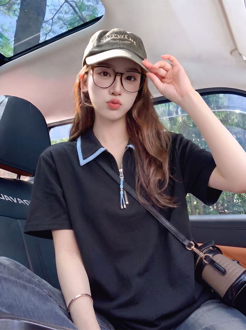 220 그램 물 부드러운 면 반팔 티셔츠 여성 의류 여름 새로운 루즈핏 패치워크 색상 지퍼 POLO 칼라 맨위 상세 이미지 8