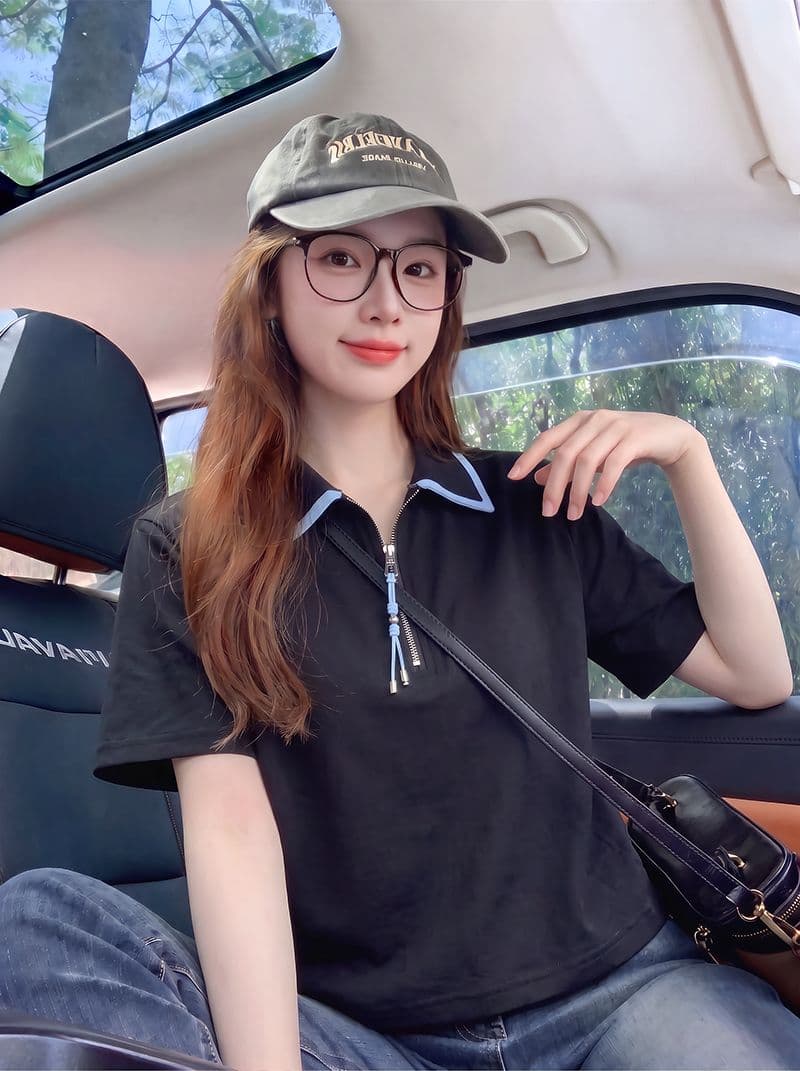 220 그램 물 부드러운 면 반팔 티셔츠 여성 의류 여름 새로운 루즈핏 패치워크 색상 지퍼 POLO 칼라 맨위 상세 이미지 9