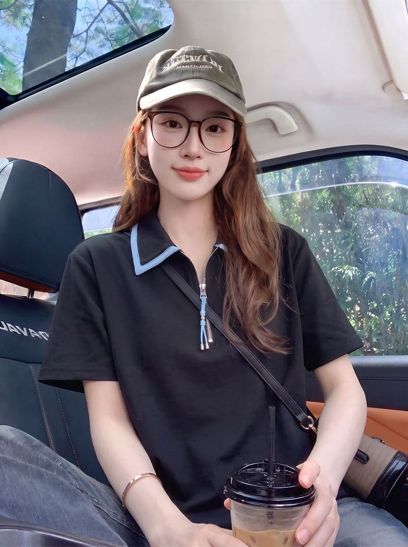 220 그램 물 부드러운 면 반팔 티셔츠 여성 의류 여름 새로운 루즈핏 패치워크 색상 지퍼 POLO 칼라 맨위 상세 이미지 10