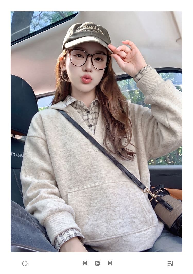 빅 사이즈 여성 의류 260 그램 남자 바 면 얇은 스타일 후드티 봄 가을 패치워크 페이크 레이어드 POLO 칼라 맨위 상세 이미지 1
