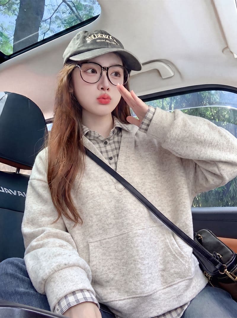빅 사이즈 여성 의류 260 그램 남자 바 면 얇은 스타일 후드티 봄 가을 패치워크 페이크 레이어드 POLO 칼라 맨위 상세 이미지 10