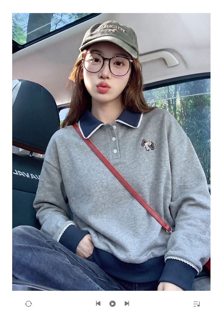 얇은 스타일 후드티 여성 봄 가을 새로운 트렌디 루즈핏 한 부서 만화 자수 POLO 칼라 새로운 맨위 상세 이미지 1