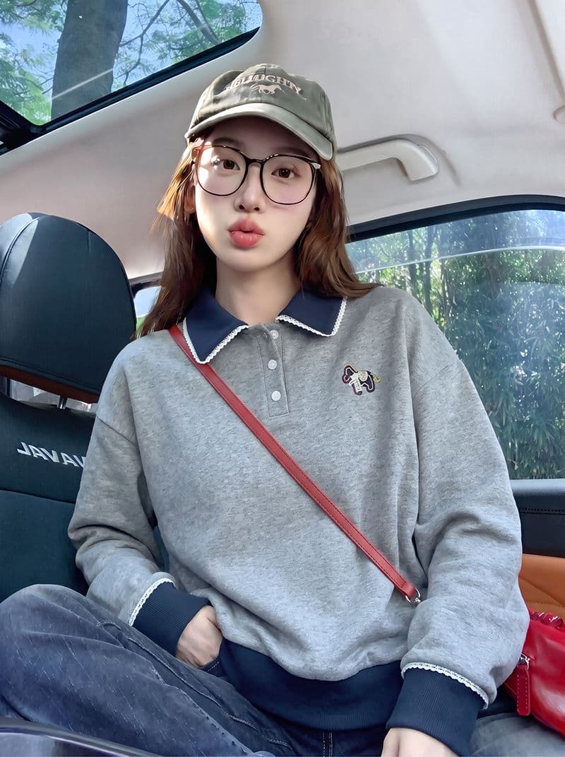 얇은 스타일 후드티 여성 봄 가을 새로운 트렌디 루즈핏 한 부서 만화 자수 POLO 칼라 새로운 맨위 상세 이미지 5