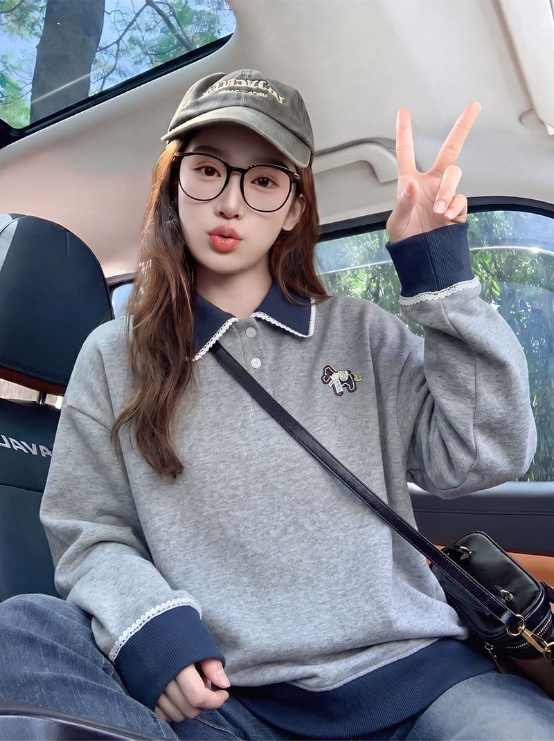 얇은 스타일 후드티 여성 봄 가을 새로운 트렌디 루즈핏 한 부서 만화 자수 POLO 칼라 새로운 맨위 상세 이미지 10