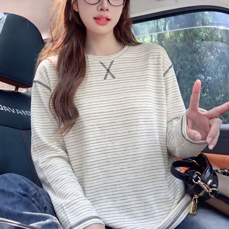 긴팔 티셔츠 기본 셔츠 여성 의류 루즈핏 트렌디 한 부서 아메리칸 스트라이프 봄 가을 새로운 라운드 넥 맨위 이미지 5