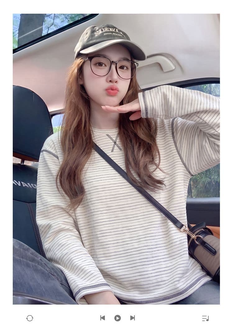 긴팔 티셔츠 기본 셔츠 여성 의류 루즈핏 트렌디 한 부서 아메리칸 스트라이프 봄 가을 새로운 라운드 넥 맨위 상세 이미지 1