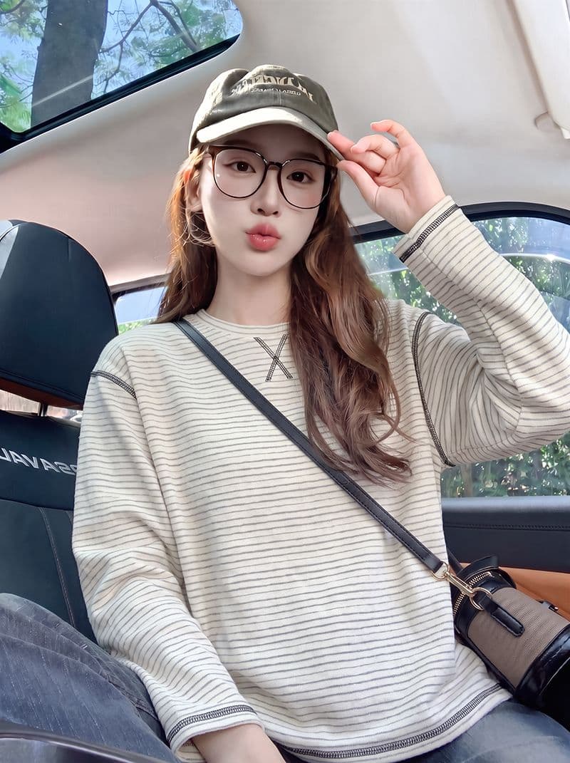 긴팔 티셔츠 기본 셔츠 여성 의류 루즈핏 트렌디 한 부서 아메리칸 스트라이프 봄 가을 새로운 라운드 넥 맨위 상세 이미지 6